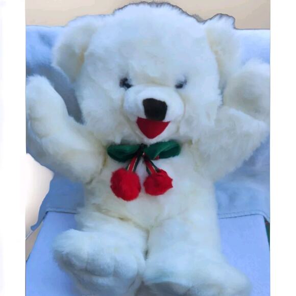 1995 JC Penney 16” Plush CHRISTMAS COLLECTION White Bear Bow tie Pom Poms SOFT - Picture 1 of 7